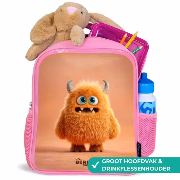 Oranje Pluizig Monster met Hoorns Kinderrugzak - Roze middel -inhoud_NL