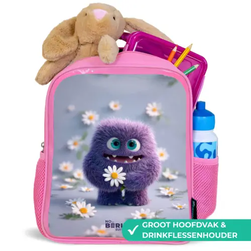 Paars Pluizig Vriendje met Madelief Kinderrugzak - Roze middel -inhoud_NL