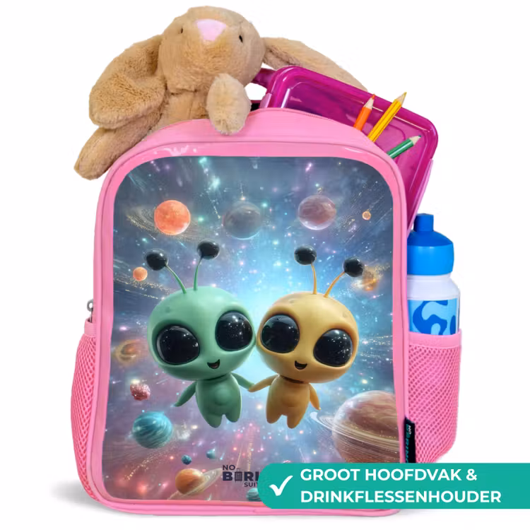 Vrolijke buitenaardse vrienden Kinderrugzak - Roze middel -inhoud_NL