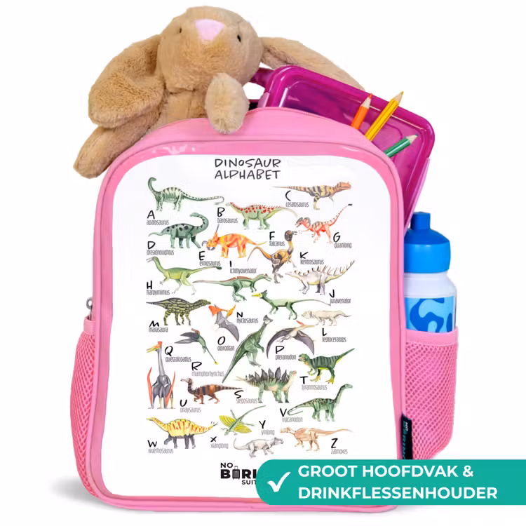 Alfabet van dino's Kinderrugzak - Roze middel -inhoud_NL