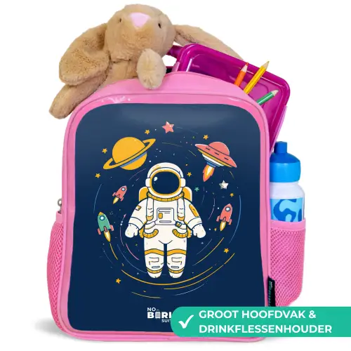 Astronaut - Planeet - Sterren - Raket Kinderrugzak - Roze middel -inhoud_NL
