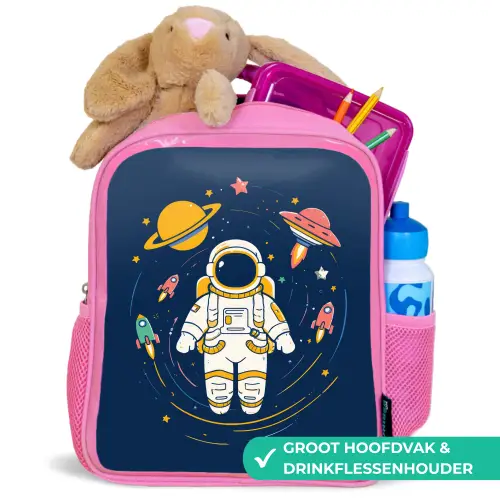 Astronaut - Planeten - Raket Kinderrugzak - Roze middel -inhoud_NL