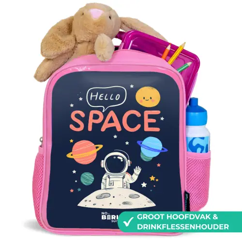 Astronaut - Quote - Planeten - Sterren Kinderrugzak - Roze middel -inhoud_NL