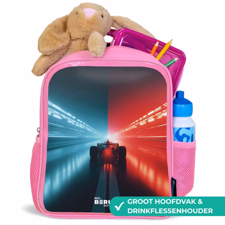 Baan - Raceauto - Neon - Rood Kinderrugzak - Roze middel -inhoud_NL