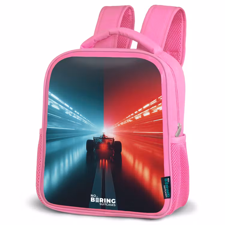 Baan - Raceauto - Neon - Rood Kinderrugzak - Roze middel -schuin