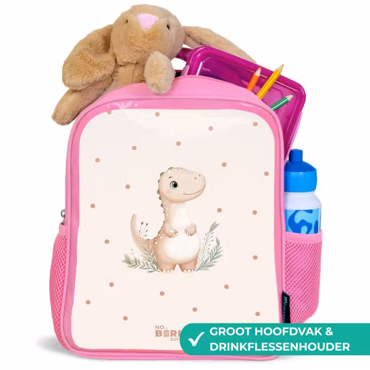 Beige dino op een stippen achtergrond Kinderrugzak - Roze middel -inhoud_NL