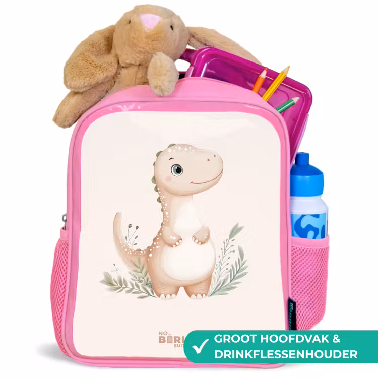Beige dinosaurus met groene blaadjes Kinderrugzak - Roze middel -inhoud_NL