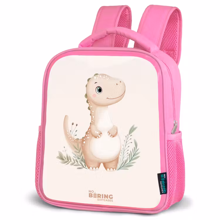 Beige dinosaurus met groene blaadjes Kinderrugzak - Roze middel -schuin