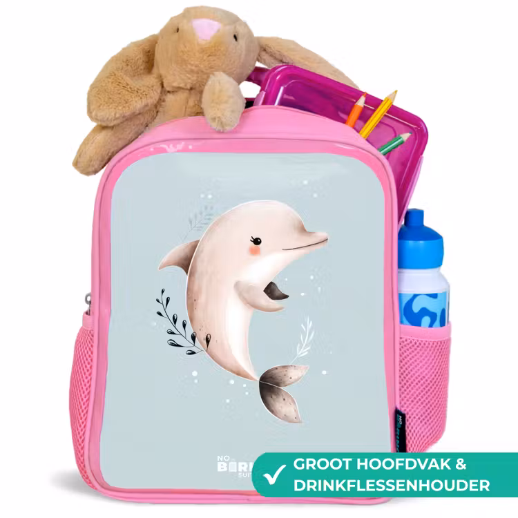 Beige dolfijn in blauw water Kinderrugzak - Roze middel -inhoud_NL