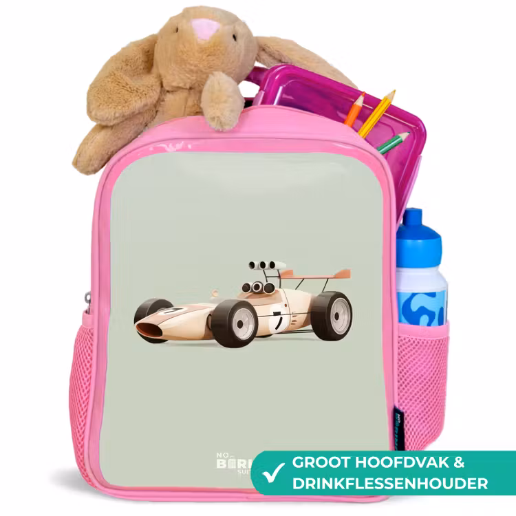 Beige retro raceauto op groen achtergrond Kinderrugzak - Roze middel -inhoud_NL