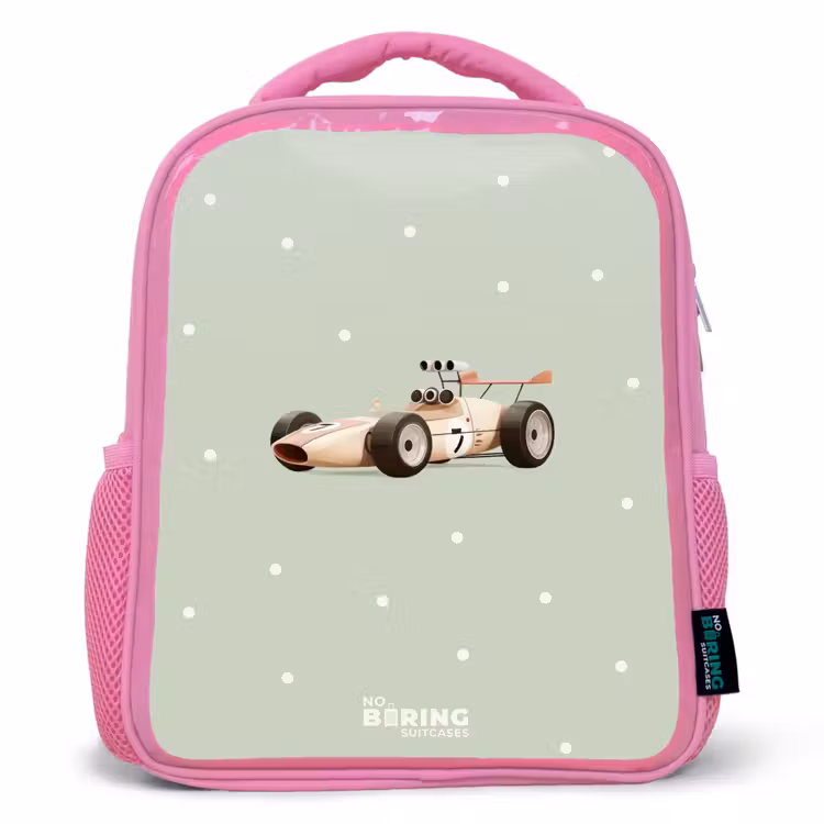 Beige retro raceauto op groene stippen achtergrond Kinderrugzak - Roze middel -3d