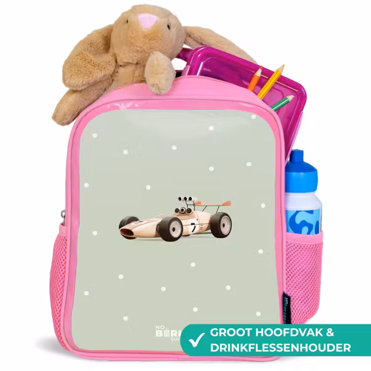 Beige retro raceauto op groene stippen achtergrond Kinderrugzak - Roze middel -inhoud_NL