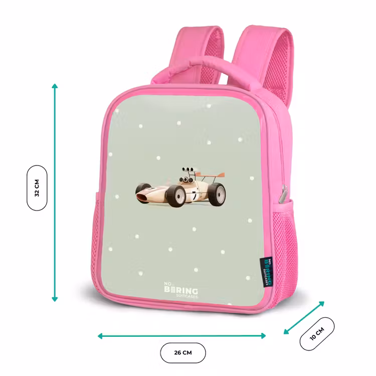 Beige retro raceauto op groene stippen achtergrond Kinderrugzak - Roze middel -productfoto_formaten