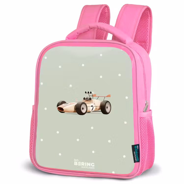 Beige retro raceauto op groene stippen achtergrond Kinderrugzak - Roze middel -schuin