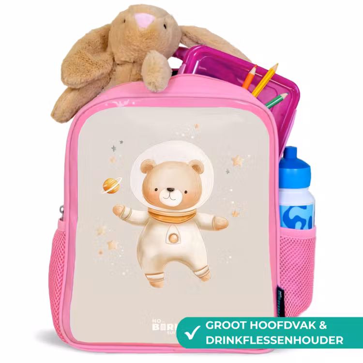 Beige ruimtebeer zweeft tussen sterren Kinderrugzak - Roze middel -inhoud_NL