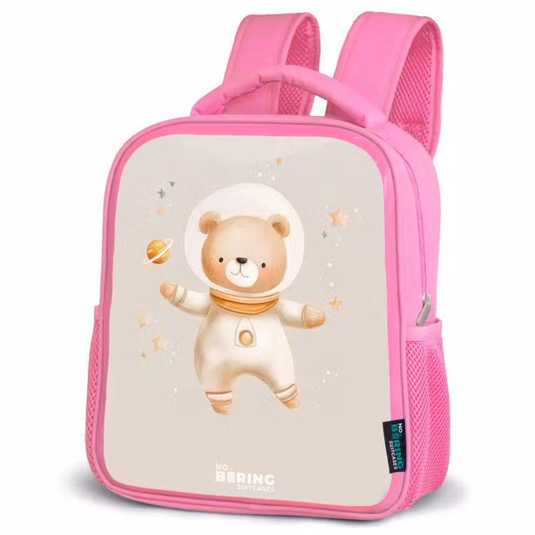 Beige ruimtebeer zweeft tussen sterren Kinderrugzak - Roze middel -schuin