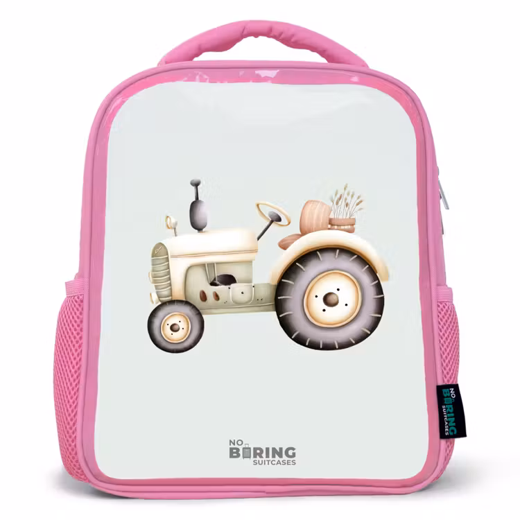 Beige vintage tractor in pastel groene kleuren Kinderrugzak - Roze middel -3d