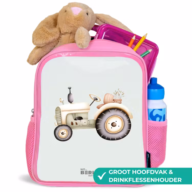 Beige vintage tractor in pastel groene kleuren Kinderrugzak - Roze middel -inhoud_NL
