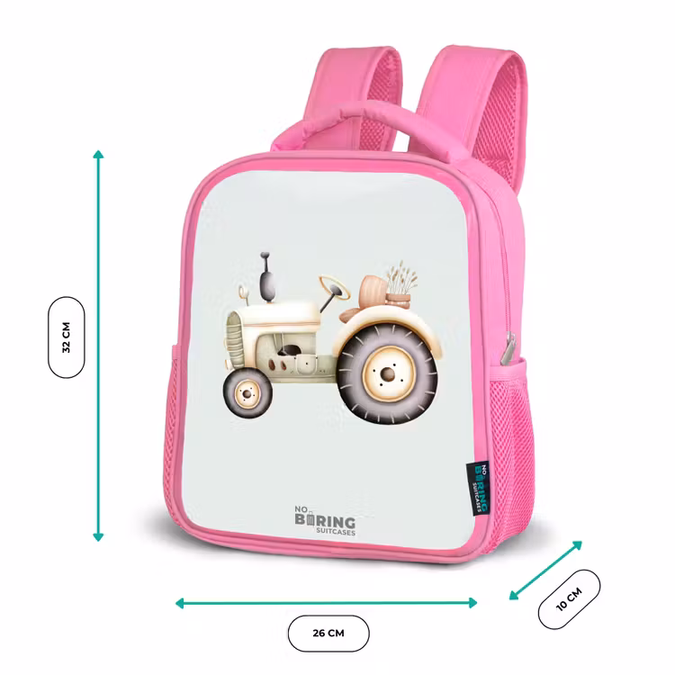 Beige vintage tractor in pastel groene kleuren Kinderrugzak - Roze middel -productfoto_formaten