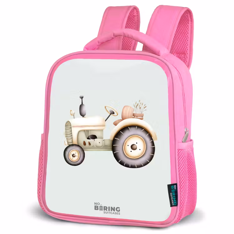 Beige vintage tractor in pastel groene kleuren Kinderrugzak - Roze middel -schuin