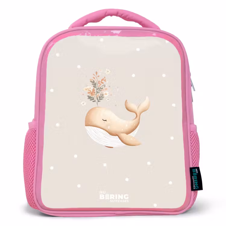 Beige walvis in bloemenzee Kinderrugzak - Roze middel -3d
