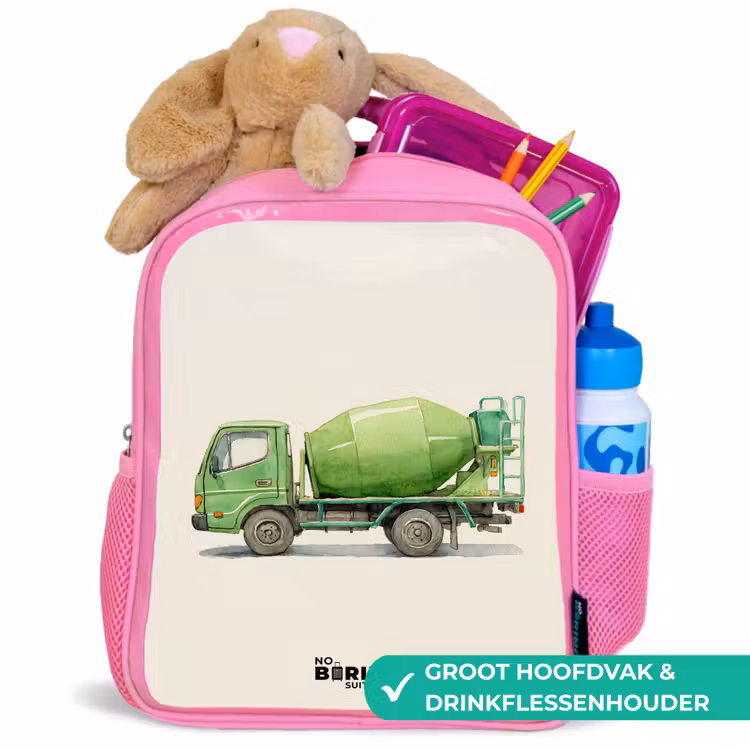 Betonmixer - Getekend - Groen Kinderrugzak - Roze middel -inhoud_NL