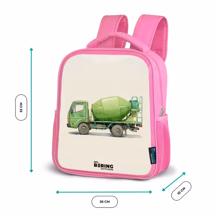 Betonmixer - Getekend - Groen Kinderrugzak - Roze middel -productfoto_formaten