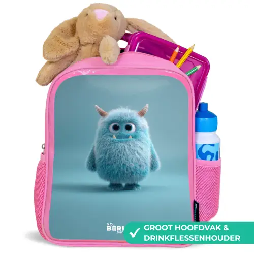 Blauw pluizig monster met hoorns Kinderrugzak - Roze middel -inhoud_NL