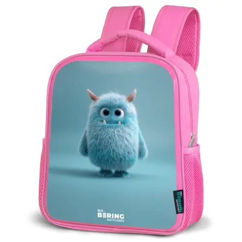 Blauw pluizig monster met hoorns Kinderrugzak - Roze middel -schuin