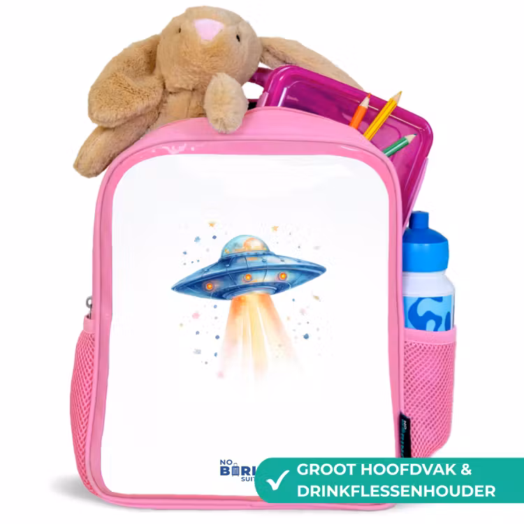 Blauw ruimteschip met lichtstraal Kinderrugzak - Roze middel -inhoud_NL