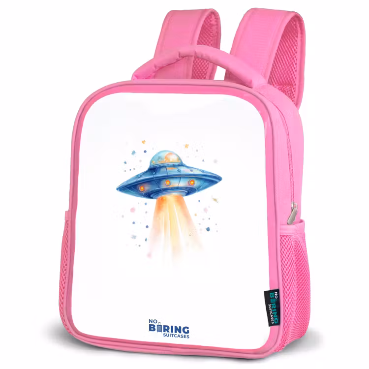 Blauw ruimteschip met lichtstraal Kinderrugzak - Roze middel -schuin