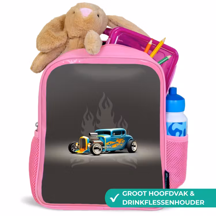 Blauwe auto met grijze vlammen Kinderrugzak - Roze middel -inhoud_NL