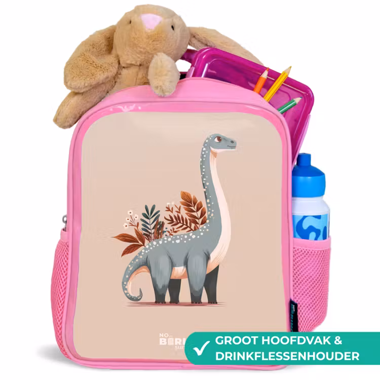 Blauwe dinosaurus op een beige achtergrond Kinderrugzak - Roze middel -inhoud_NL