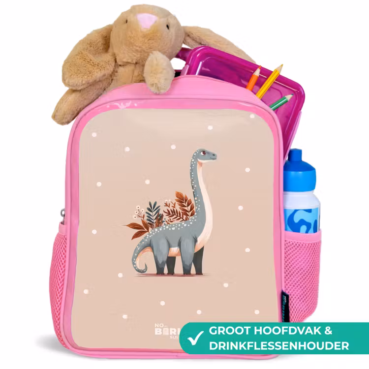 Blauwe dinosaurus op een beige stippenachtergrond Kinderrugzak - Roze middel -inhoud_NL