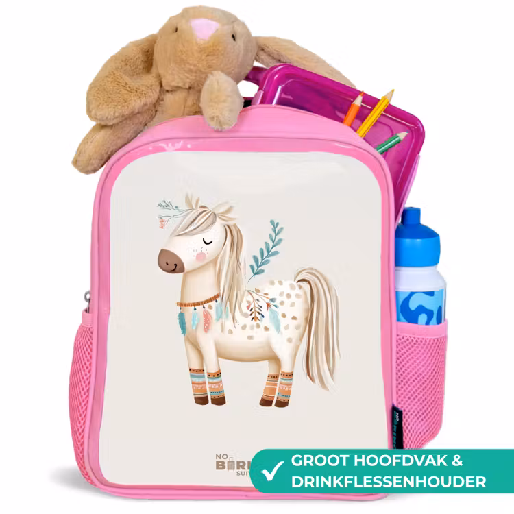 Bohemian paard in beige tinten Kinderrugzak - Roze middel -inhoud_NL