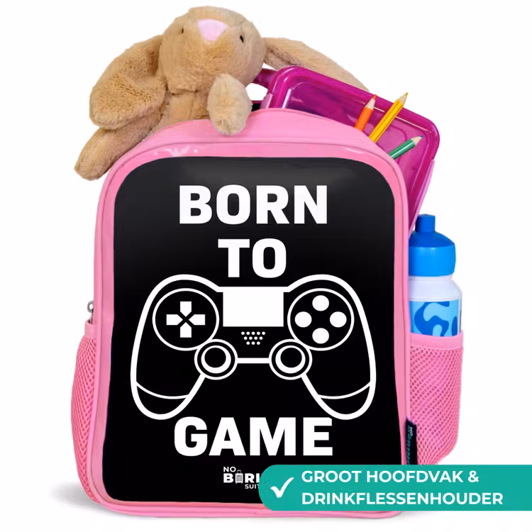 Born to game met controller Kinderrugzak - Roze middel -inhoud_NL