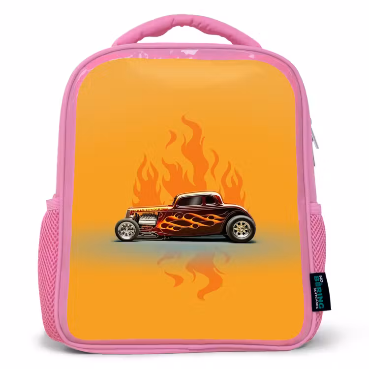 Bruine auto met gele vlammen Kinderrugzak - Roze middel -3d