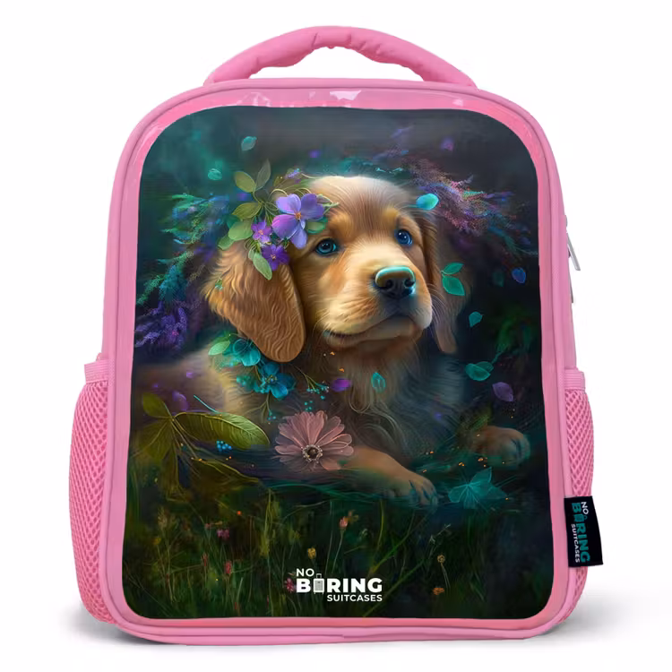 Bruine hond tussen de bloemen Kinderrugzak - Roze middel -3d