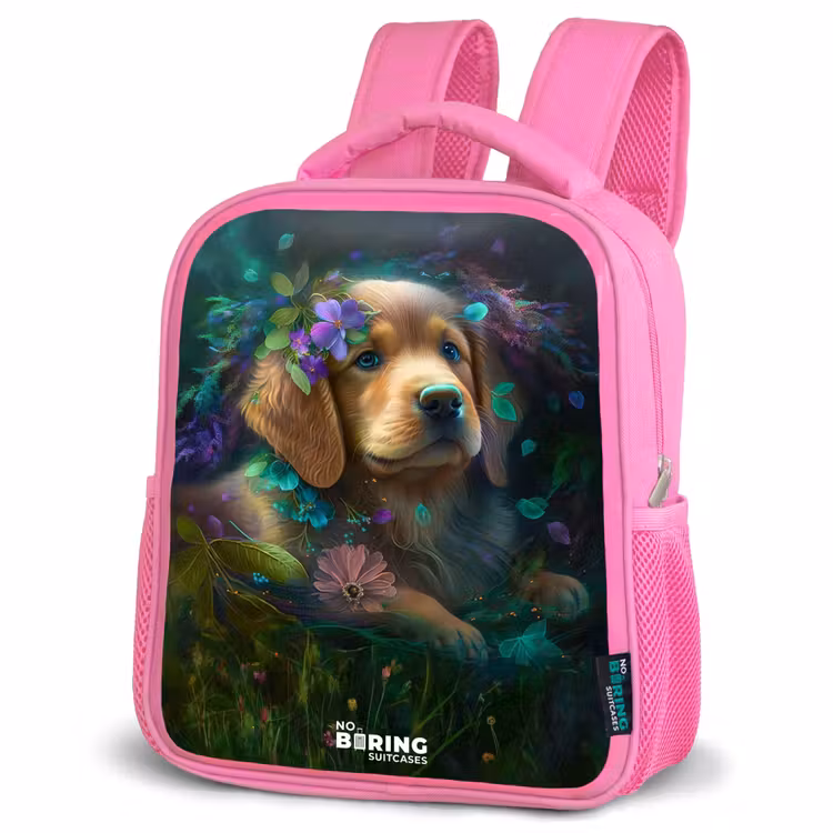 Bruine hond tussen de bloemen Kinderrugzak - Roze middel -schuin