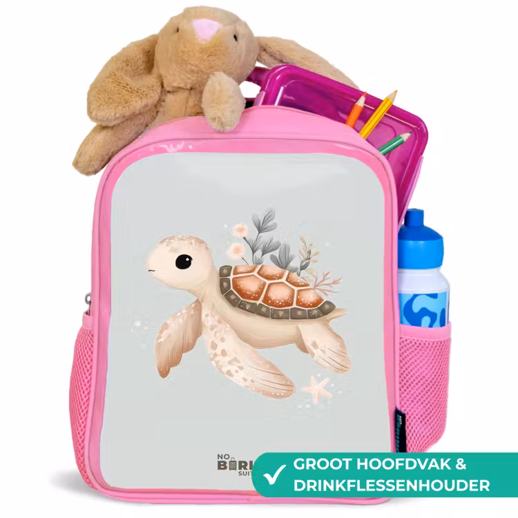Bruine zeeschildpad in pastel onderwaterwereld Kinderrugzak - Roze middel -inhoud_NL