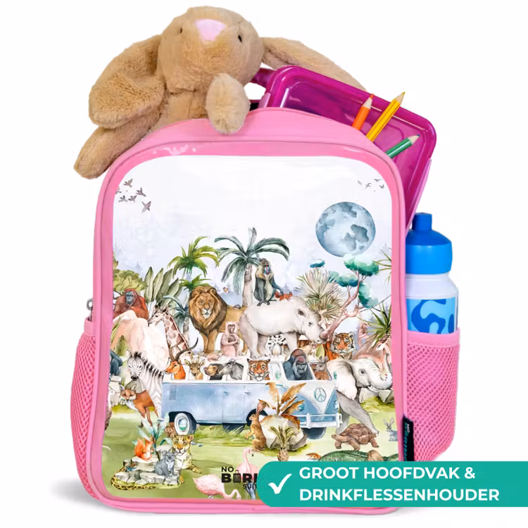 Busje met allemaal dieren Kinderrugzak - Roze middel -inhoud_NL