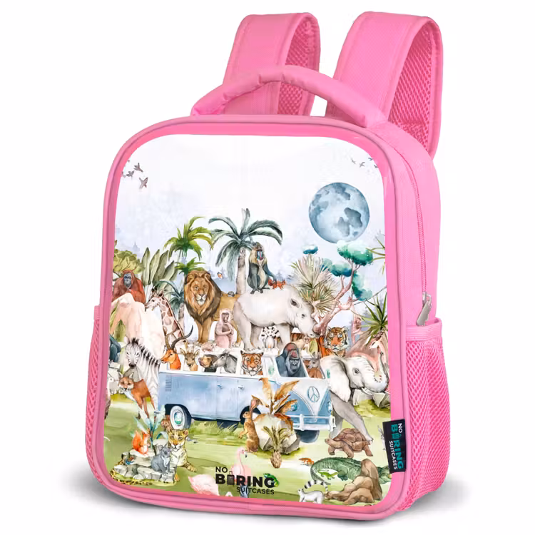 Busje met allemaal dieren Kinderrugzak - Roze middel -schuin