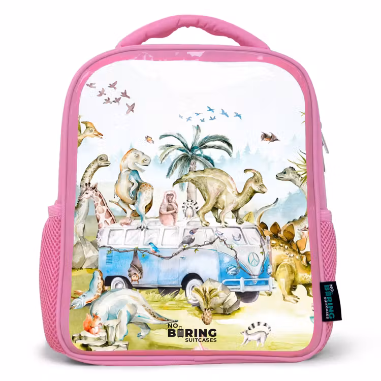 Busje met dino's Kinderrugzak - Roze middel -3d