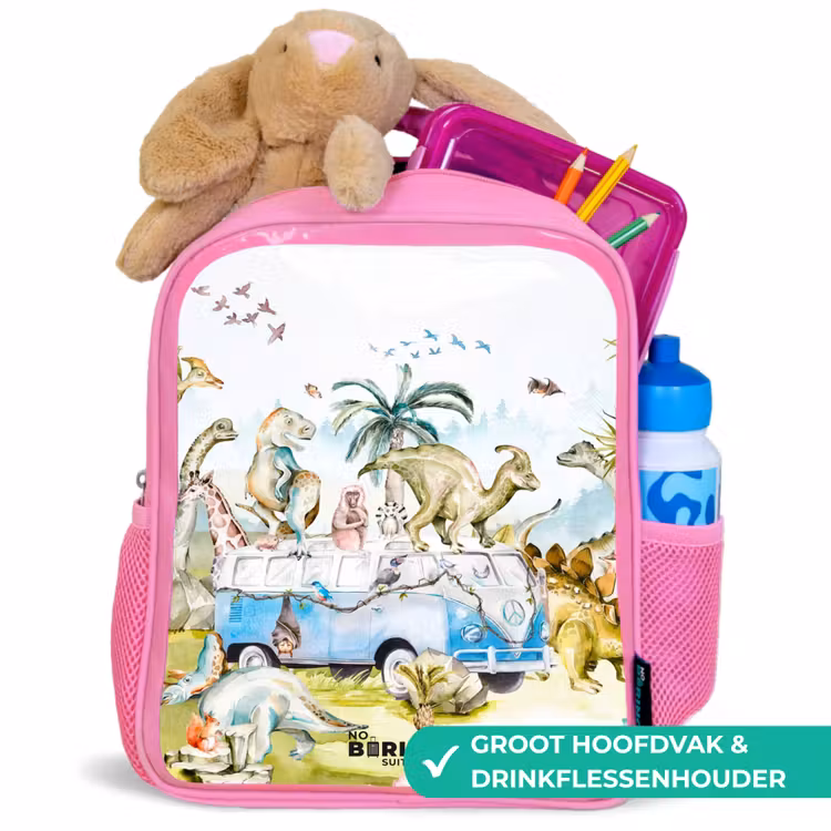 Busje met dino's Kinderrugzak - Roze middel -inhoud_NL