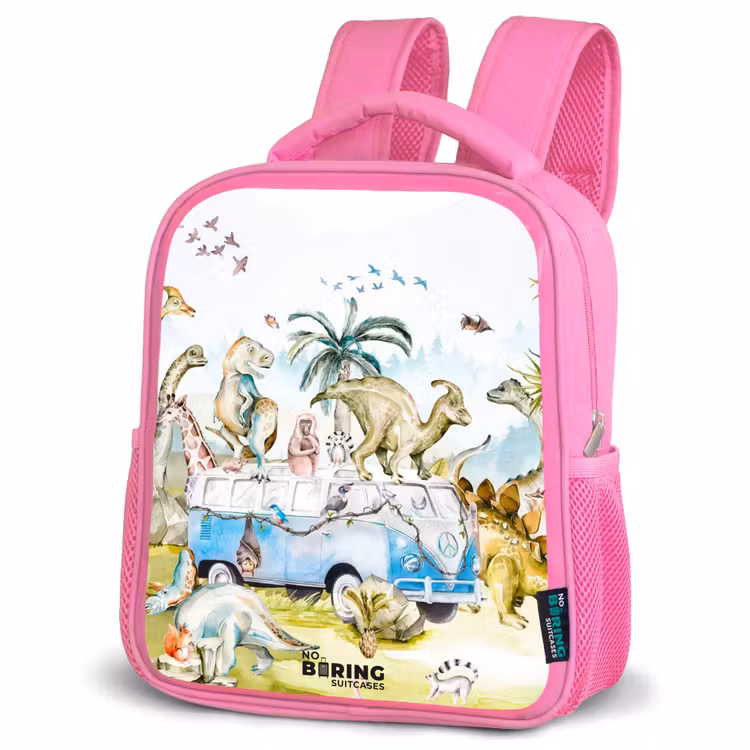 Busje met dino's Kinderrugzak - Roze middel -schuin