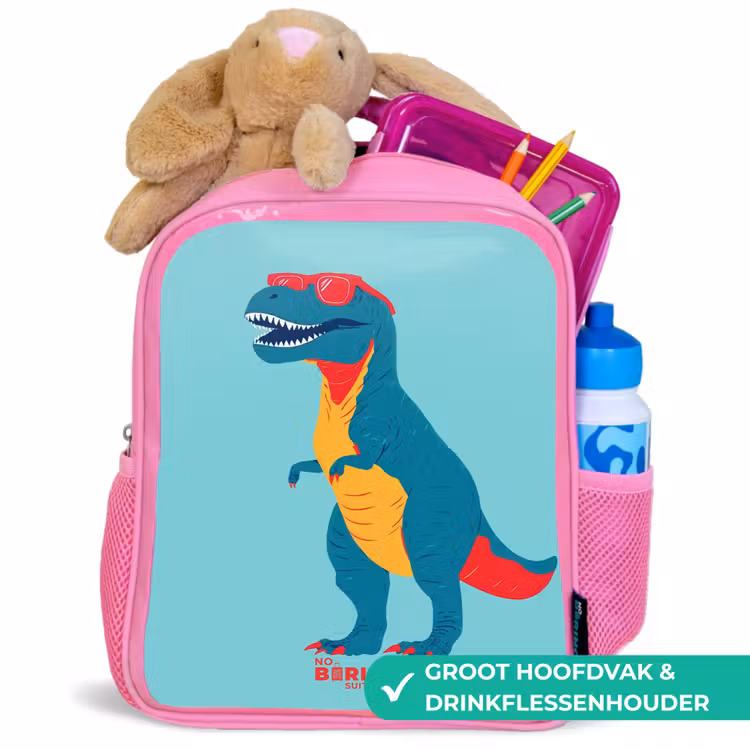 Coole T. rex met zonnebril Kinderrugzak - Roze middel -inhoud_NL