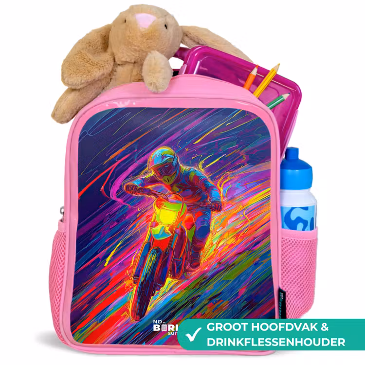 Crossmotor - Neonkleuren - Lijnen - Helm Kinderrugzak - Roze middel -inhoud_NL