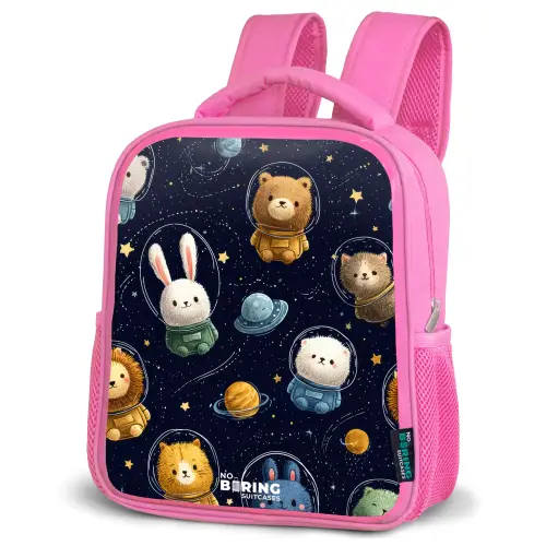 Dieren - Astronaut - Planeten - Sterren Kinderrugzak - Roze middel -schuin