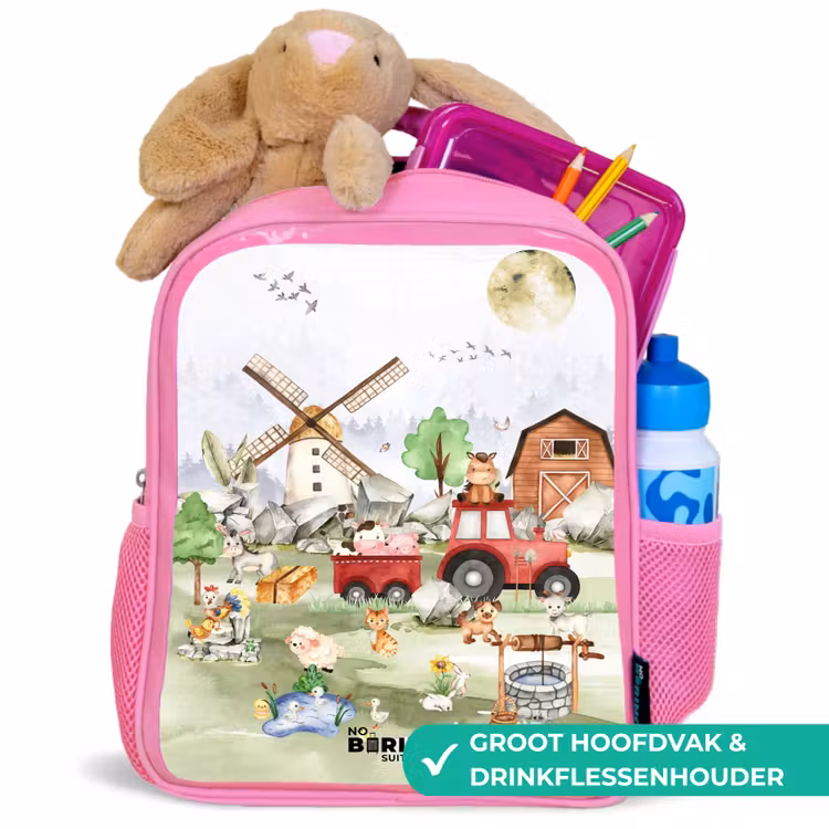 dieren op een boederij Kinderrugzak - Roze middel -inhoud_NL