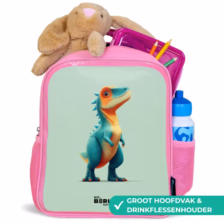 Dino - Dier - Groen - Oranje Kinderrugzak - Roze middel -inhoud_NL